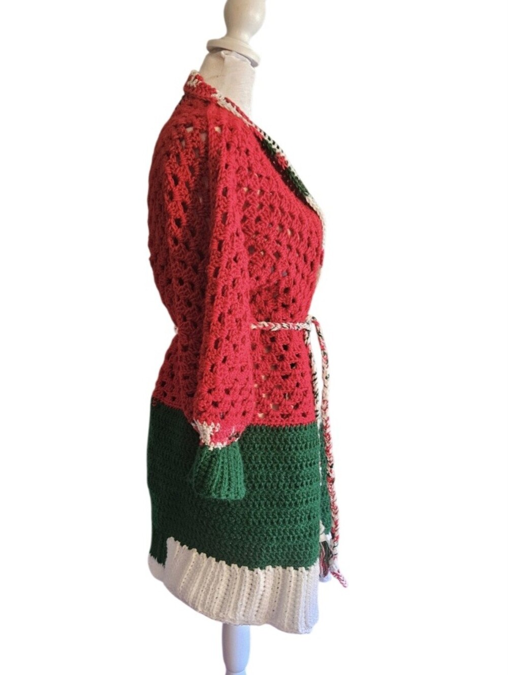 Handmade Crochet Christmas Cardigan Red Green White Grannycore OOAK Sweater - Picture 7 of 17